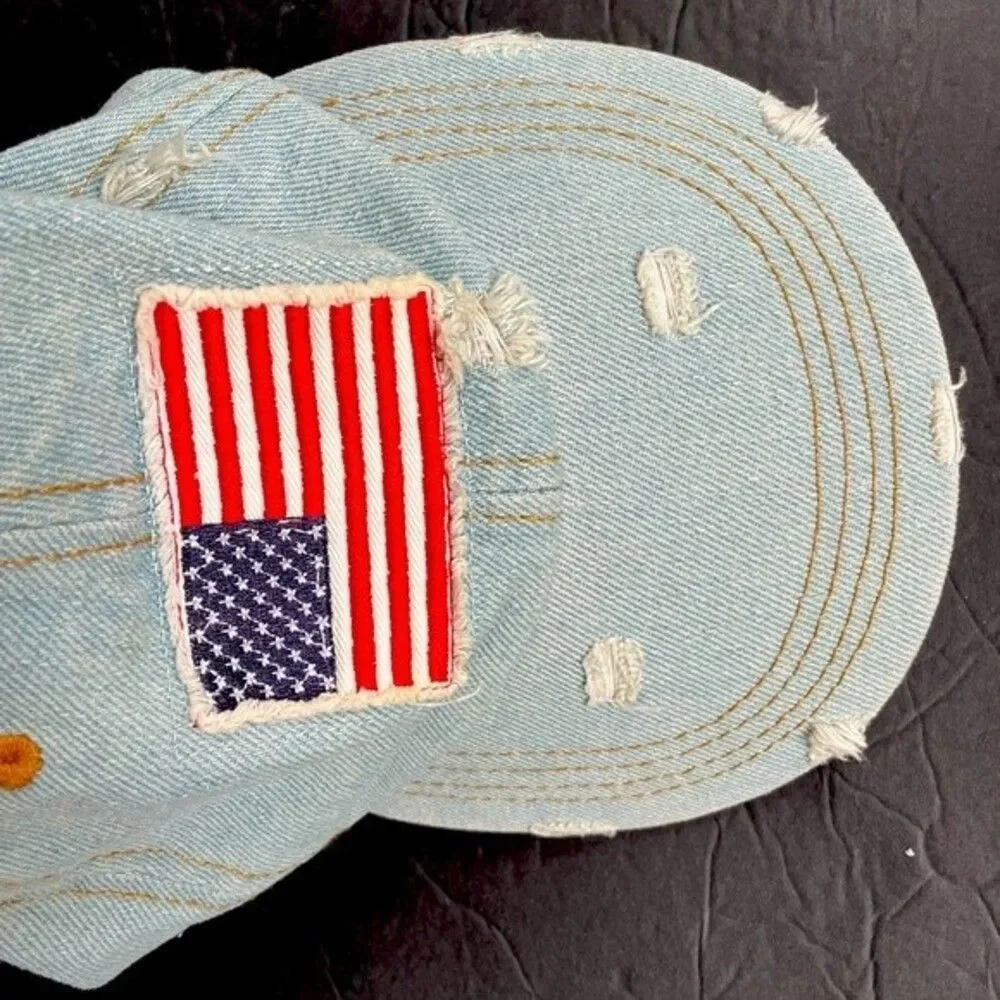 David and Young Baseball hat in distressed denim USA American flag patch…